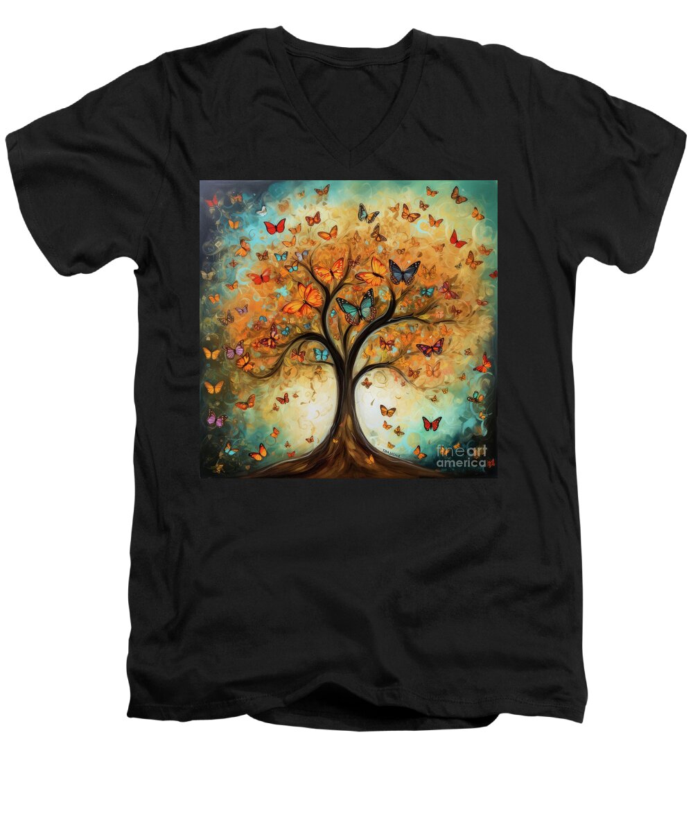 Tree Of Life Men's V-Neck T-Shirt featuring the painting Butterfly Tree Of Life by Tina LeCour