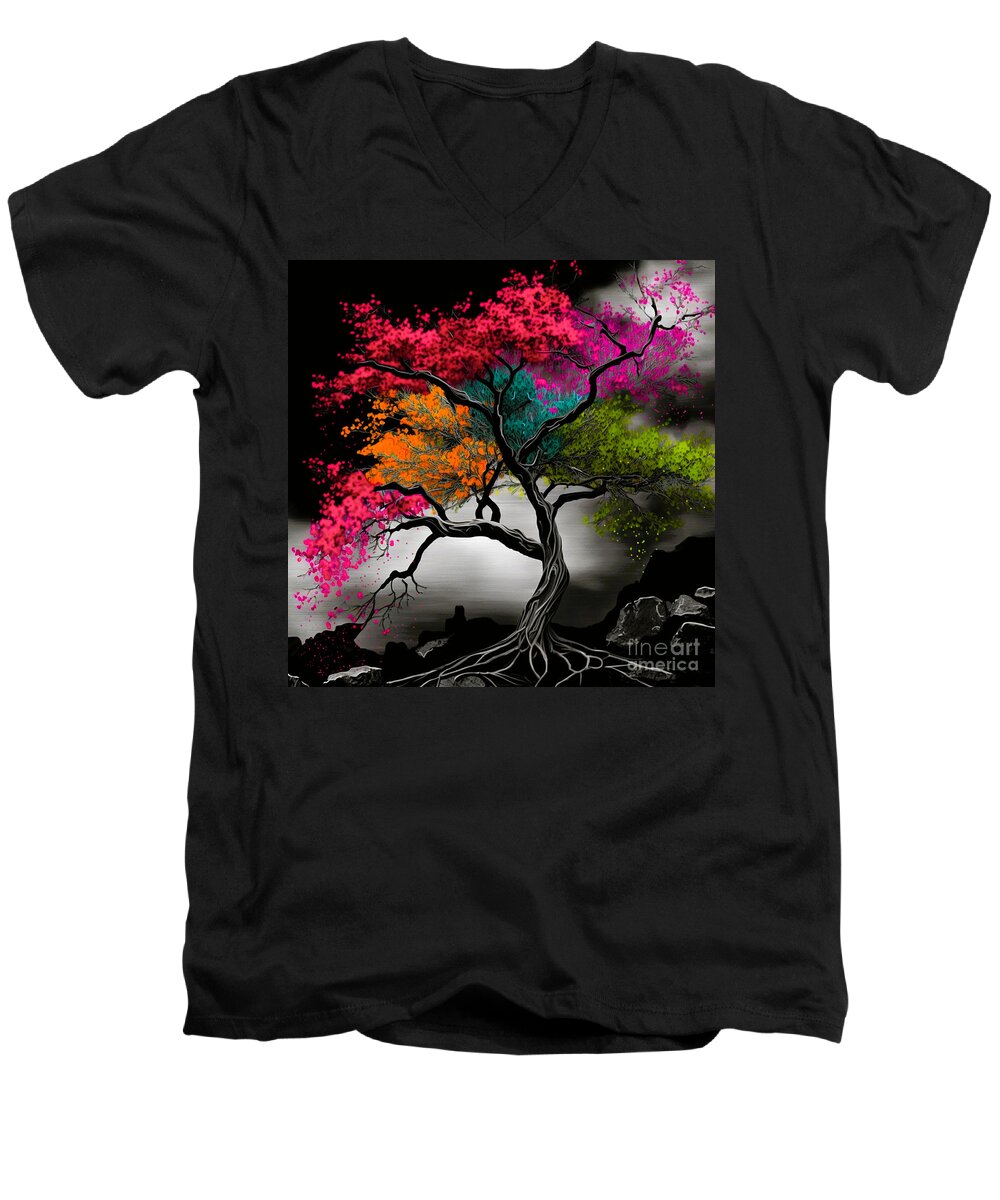 Tibetan Cherry Tree Men's V-Neck T-Shirt featuring the digital art Cherry Tree by Crystal Stagg