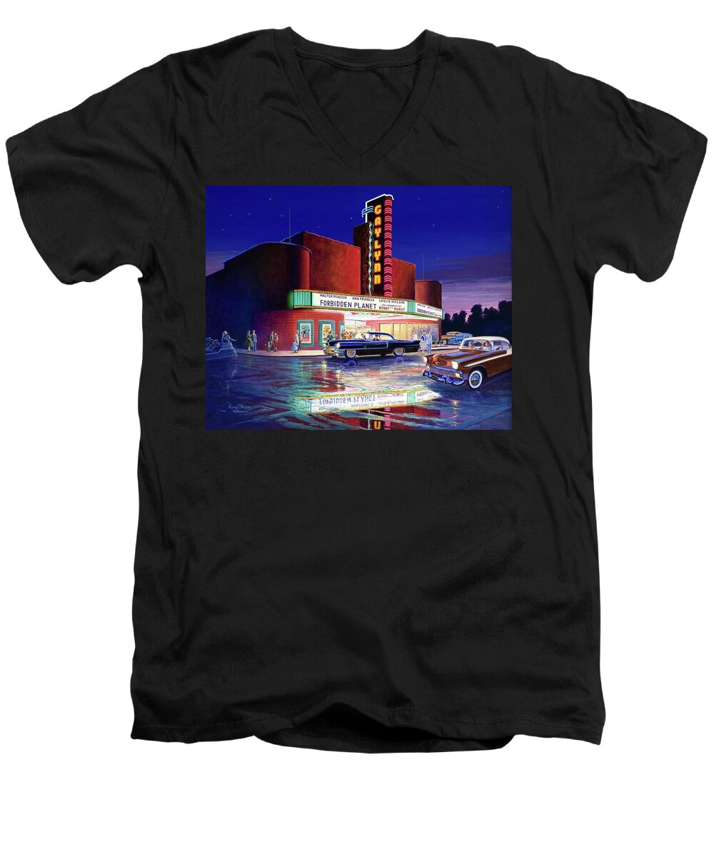 Gaylynn Men's V-Neck T-Shirt featuring the painting Classic Debut - The Gaylynn Theatre by Randy Welborn