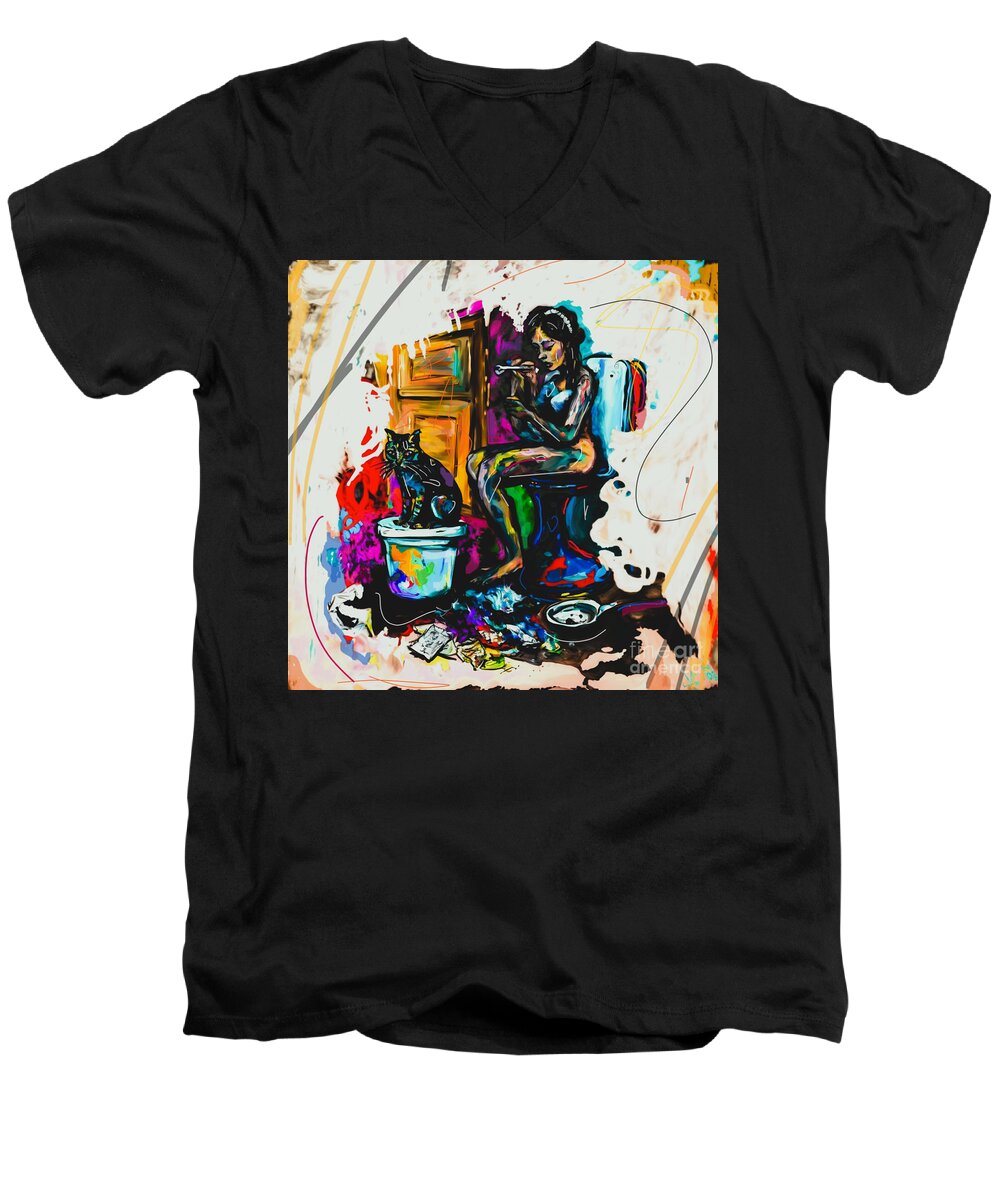 Woman Men's V-Neck T-Shirt featuring the painting Company in the rest room Art Print by Crystal Stagg