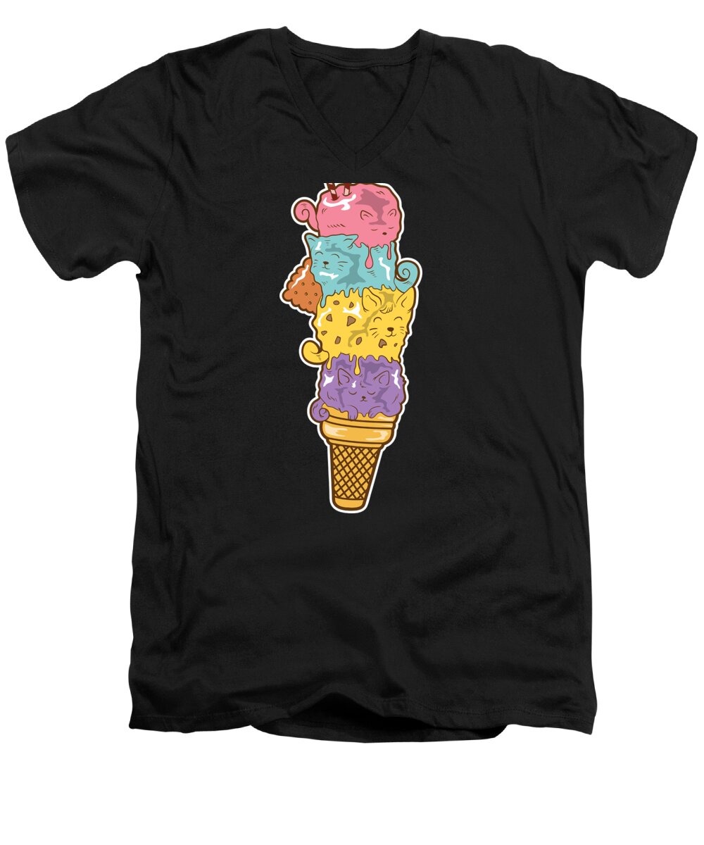 Chocolate Men's V-Neck T-Shirt featuring the digital art Cute Ice Cream Cat Cat Lover Dessert Git Idea by Haselshirt