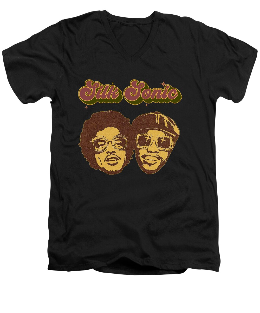 Silk Sonic Men's V-Neck T-Shirt featuring the digital art Duo Singer Silk Sonic by Kirania Finest