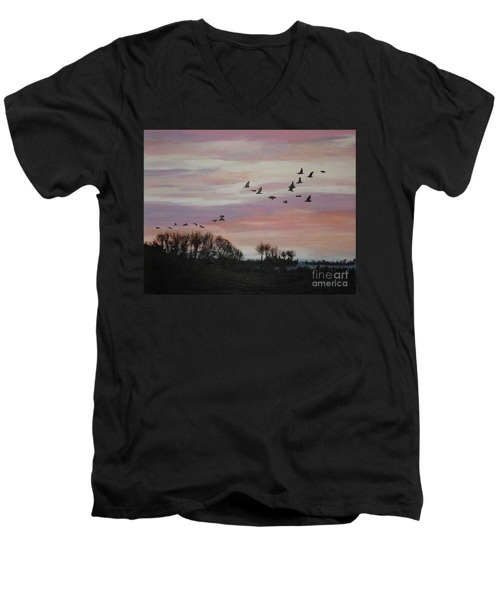 Acrylic Landscape Men's V-Neck T-Shirt featuring the painting Dusk Flock by Denise Morgan