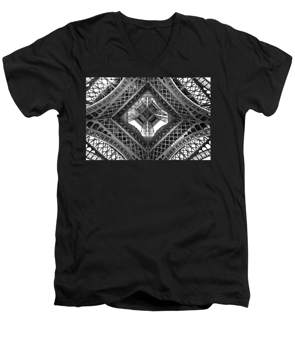 Paris Men's V-Neck T-Shirt featuring the photograph Eiffel tower abstract, view from below by Delphimages Paris Photography