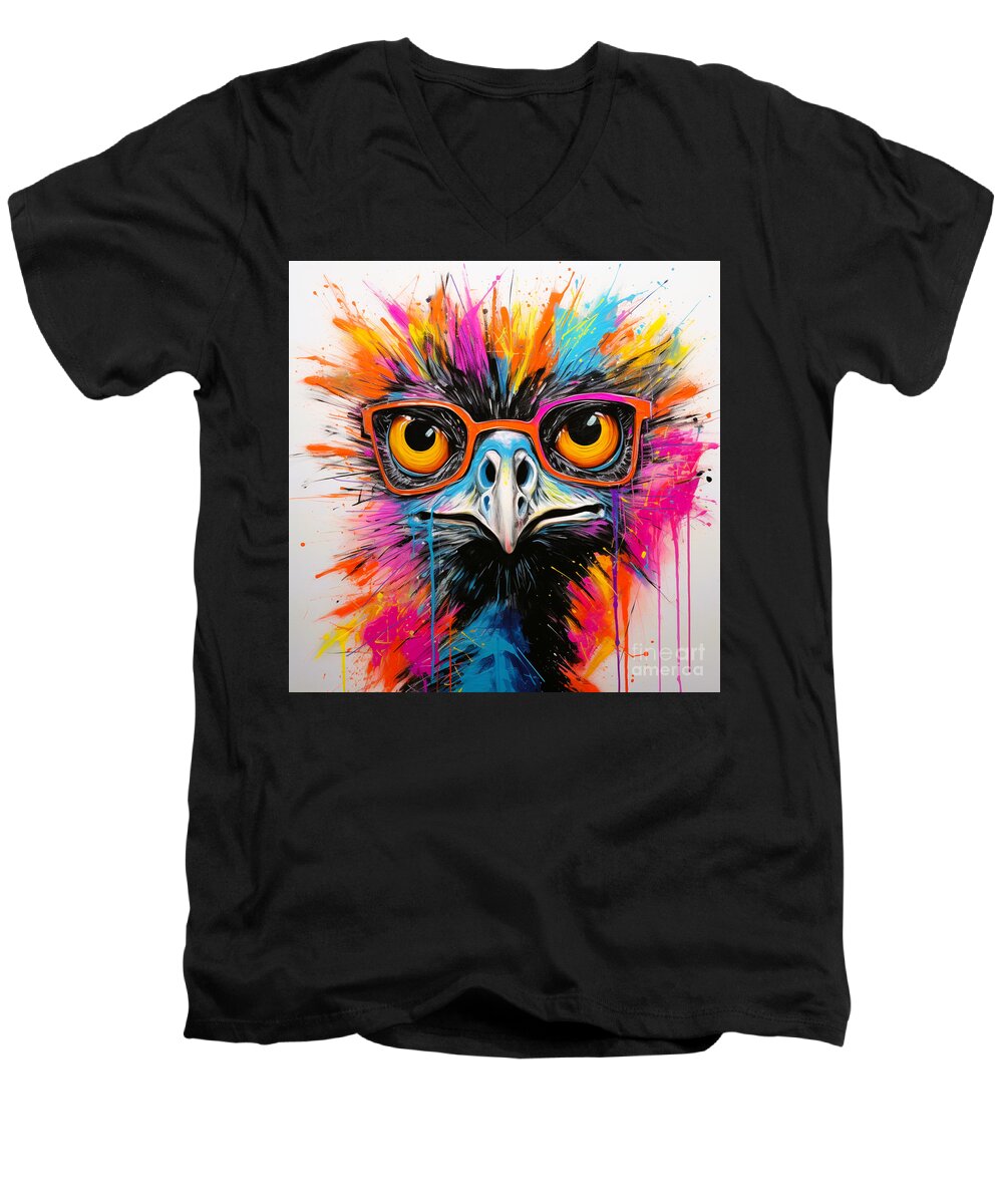 Colorful Emu Painting Men's V-Neck T-Shirt featuring the painting Spectacular Specs The Visionary Emu by Crystal Stagg