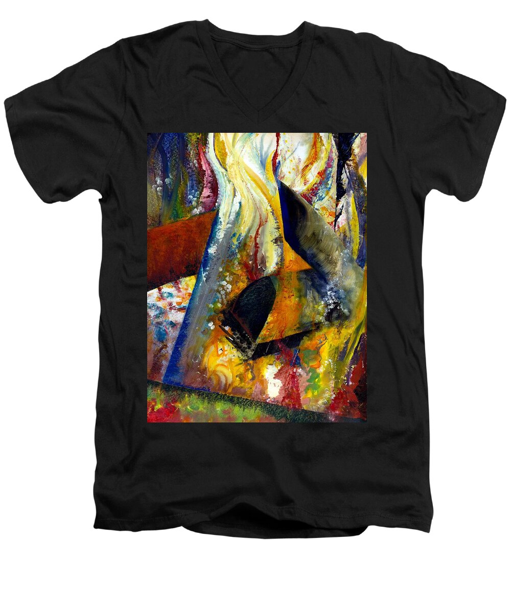 Rustic Men's V-Neck T-Shirt featuring the painting Fire Abstract Study by Michelle Calkins