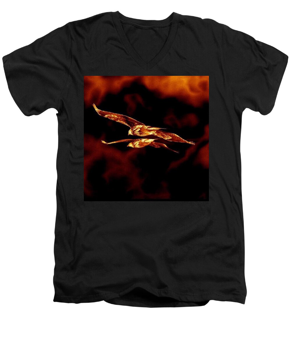  Men's V-Neck T-Shirt featuring the photograph Fire birds by Kimberly Woyak
