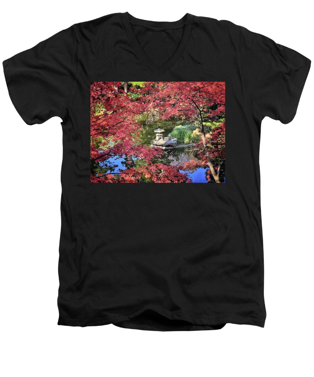 Red Maple Men's V-Neck T-Shirt featuring the photograph Framed by Red Maple Leaves by Doris Aguirre