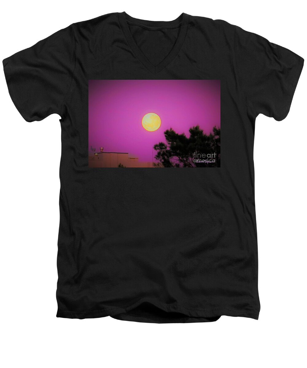 Moon Men's V-Neck T-Shirt featuring the mixed media Full Moon At Dawn by Leanne Seymour