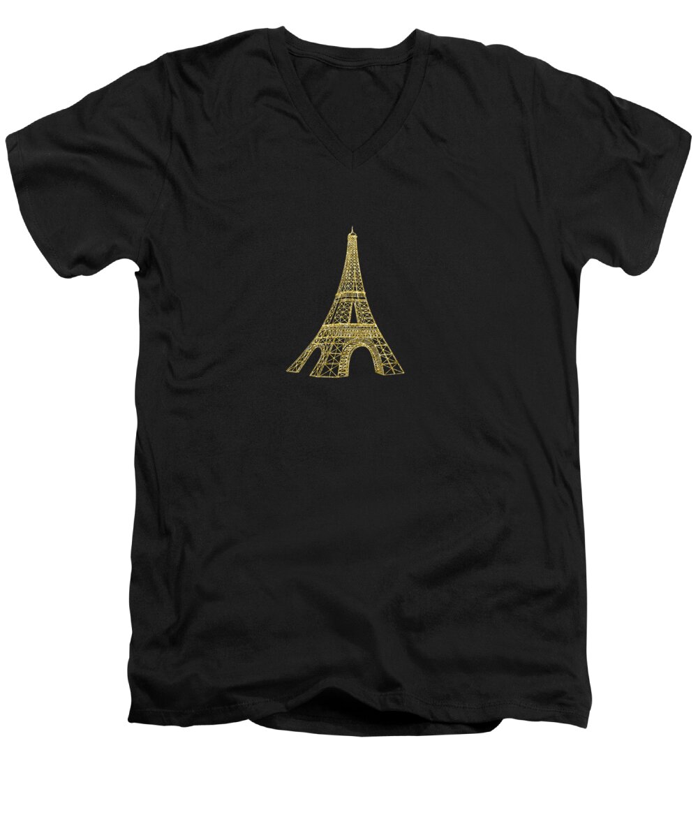 Eiffel Tower Men's V-Neck T-Shirt featuring the mixed media Golden Eiffeltower on Red by Elisabeth Lucas