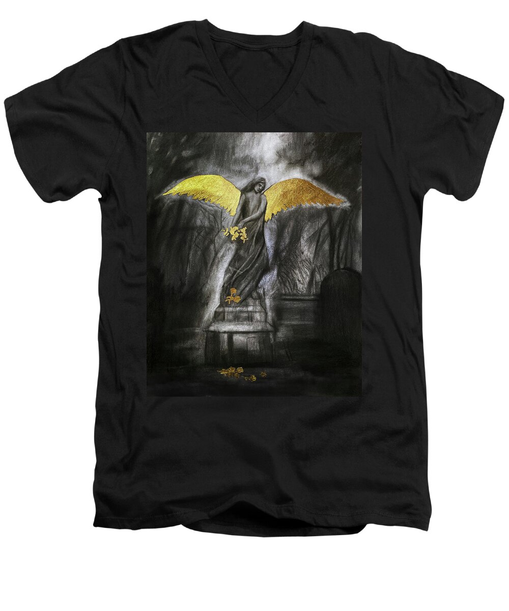 Charcoal Art Men's V-Neck T-Shirt featuring the drawing Golden Wings by Nadija Armusik