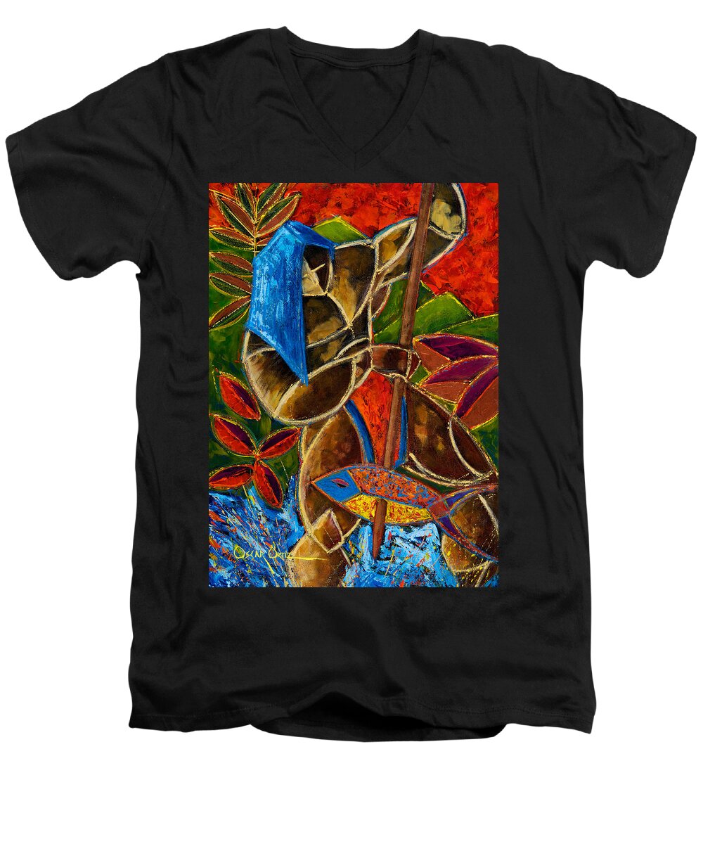 Puerto Rico Men's V-Neck T-Shirt featuring the painting Guarani... hombre de familia by Oscar Ortiz