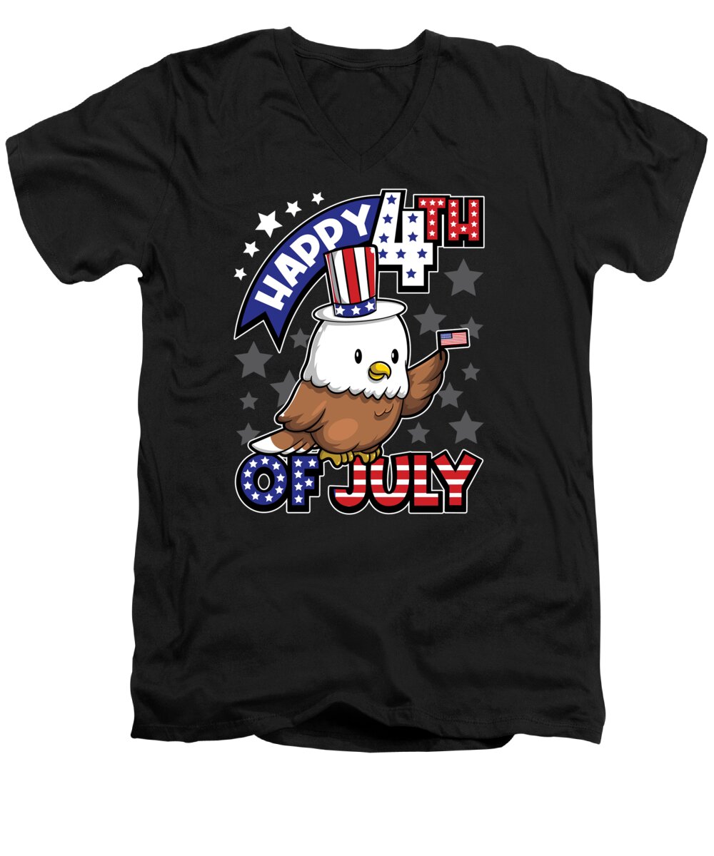 4th Of July Men's V-Neck T-Shirt featuring the digital art Happy Fourth Of July Eagle USA Flag by Mister Tee
