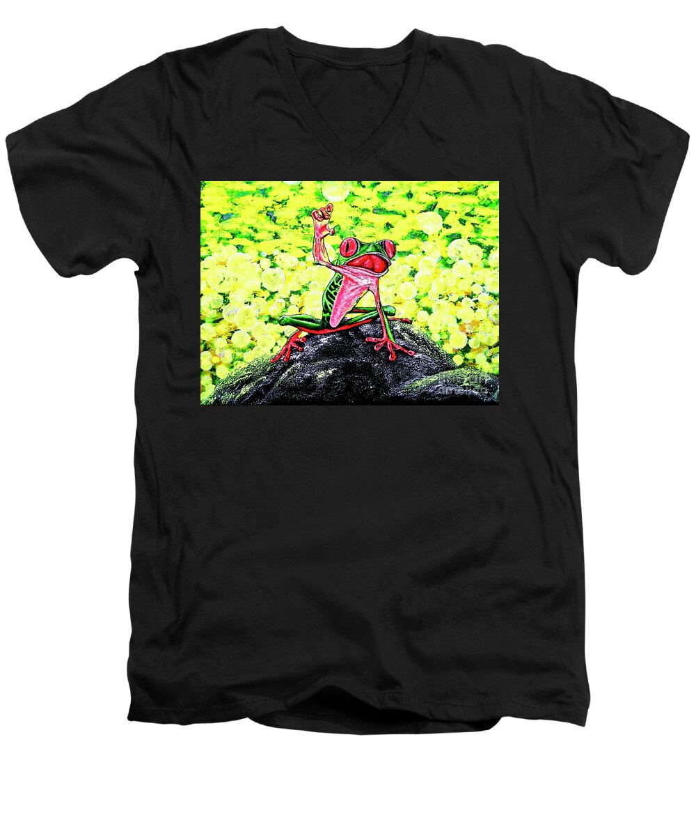 Frog Men's V-Neck T-Shirt featuring the painting Hey people by Viktor Lazarev