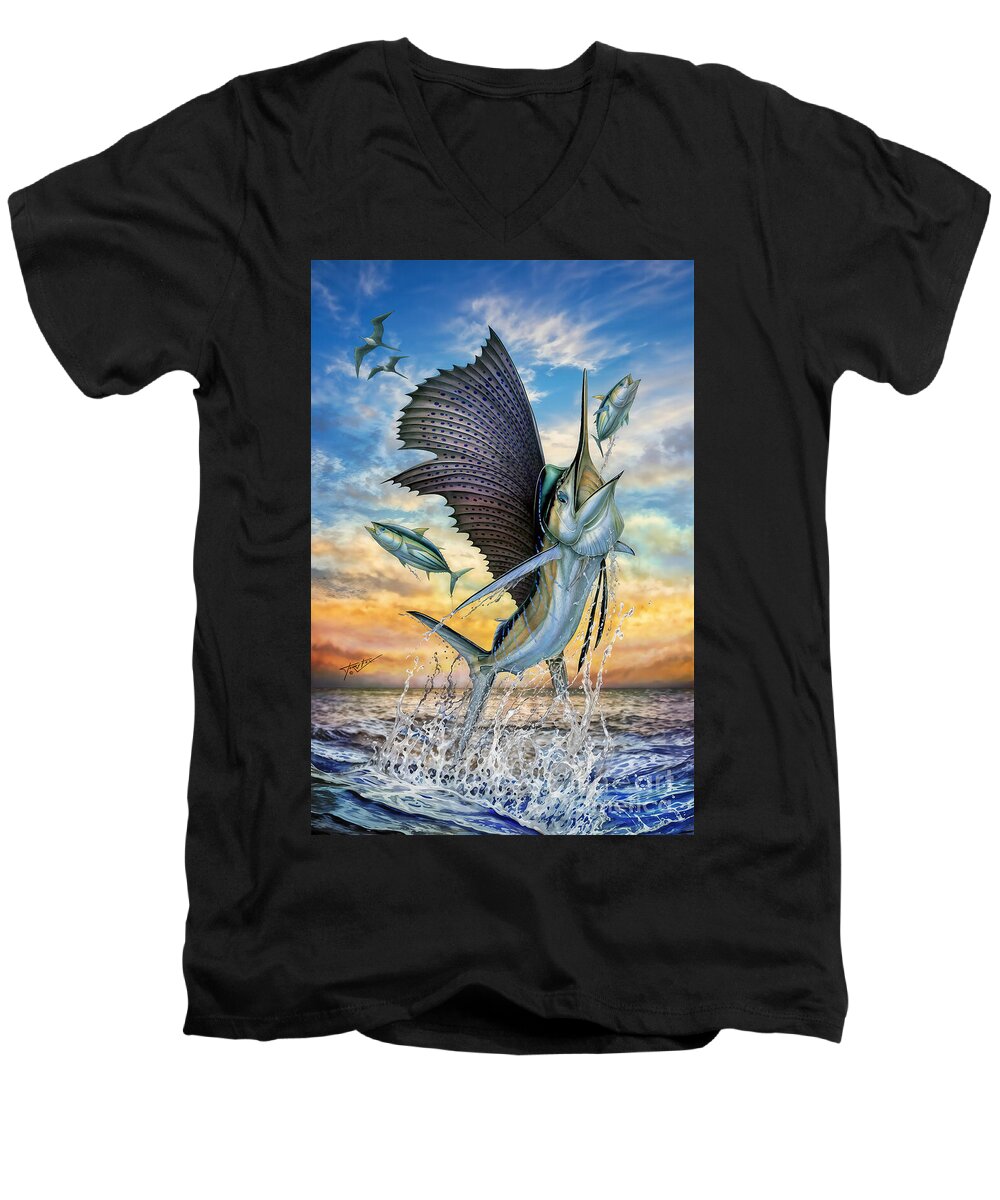 Small Tuna Men's V-Neck T-Shirt featuring the painting Hunting Of Small Tunas by Terry Fox