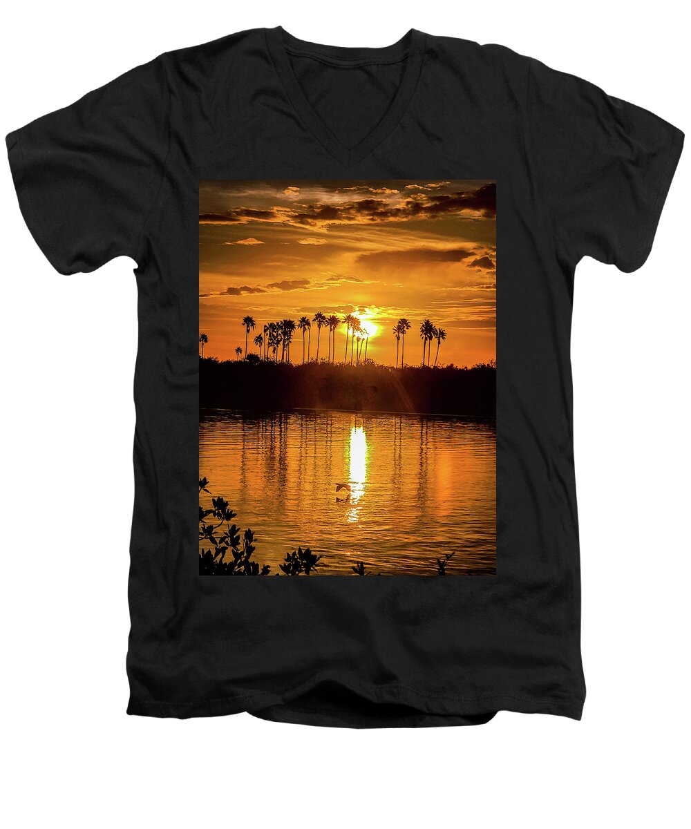 Sunrise Men's V-Neck T-Shirt featuring the photograph Island Sunrise in New Smyrna Beach by Danny Mongosa
