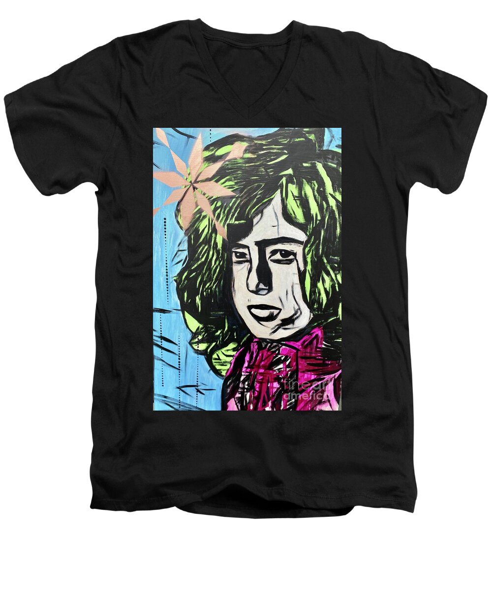 Jimmy Page Men's V-Neck T-Shirt featuring the painting Jimmy page by Jayime Jean