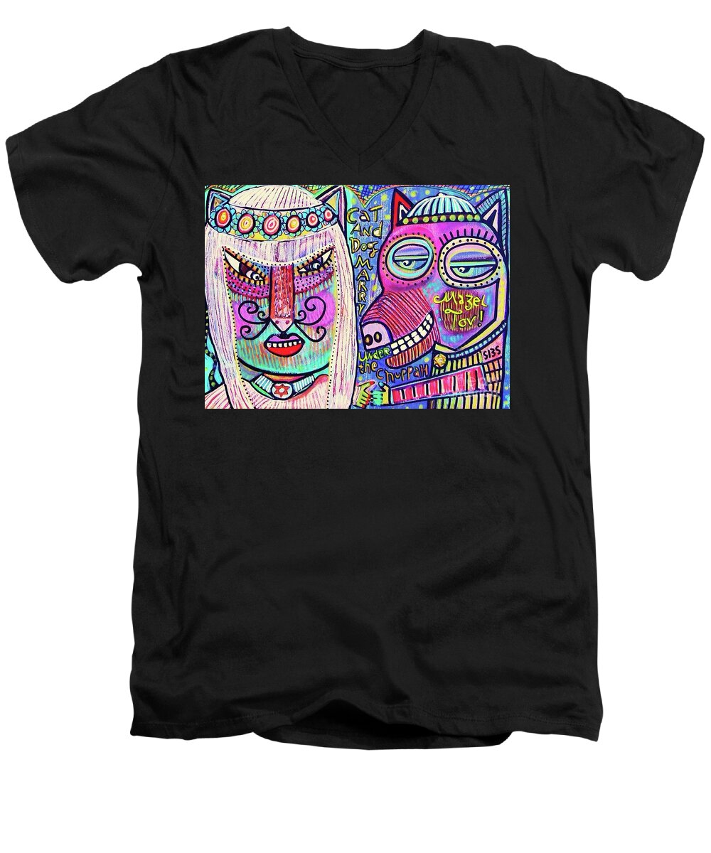 New Men's V-Neck T-Shirt featuring the painting JUDAICA Cat and Dog Marry Under The Chuppah by Sandra Silberzweig