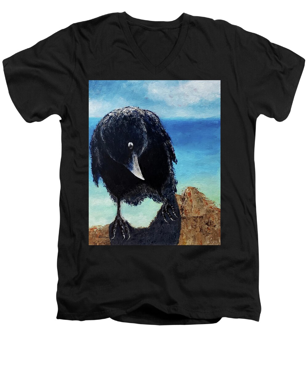 Crow Men's V-Neck T-Shirt featuring the painting King of the Castle by Cindy Johnston