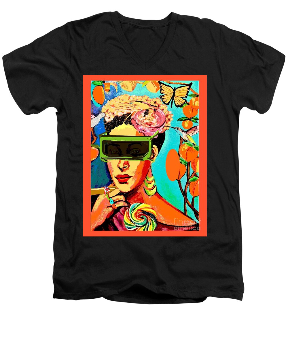 Eyes. Lime Men's V-Neck T-Shirt featuring the mixed media Lime Virtual See Queen 4U2 by Ecinja Art Works