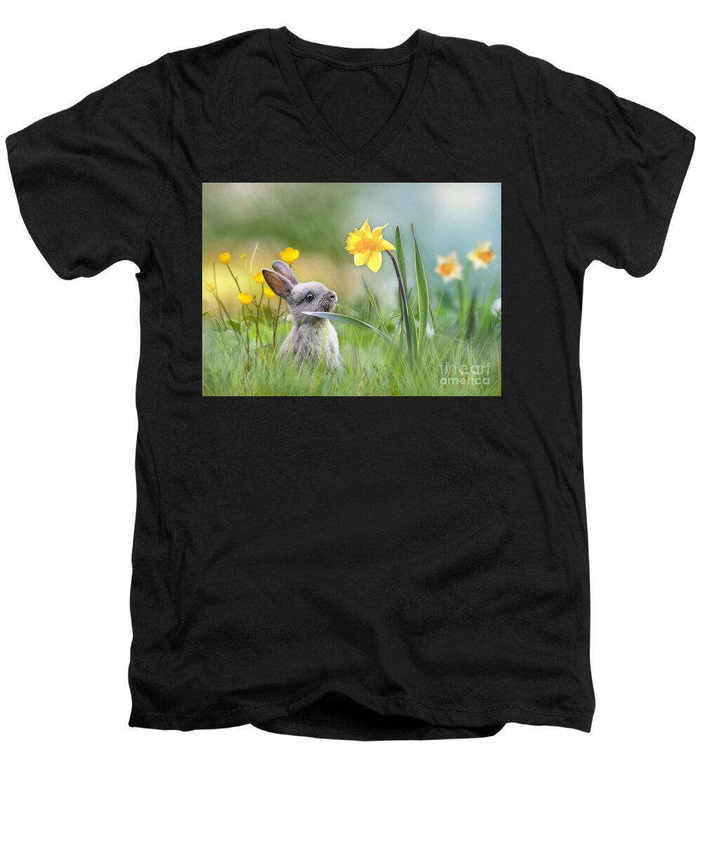 Bunny Rabbit Men's V-Neck T-Shirt featuring the mixed media Little Bunny at Easter by Morag Bates