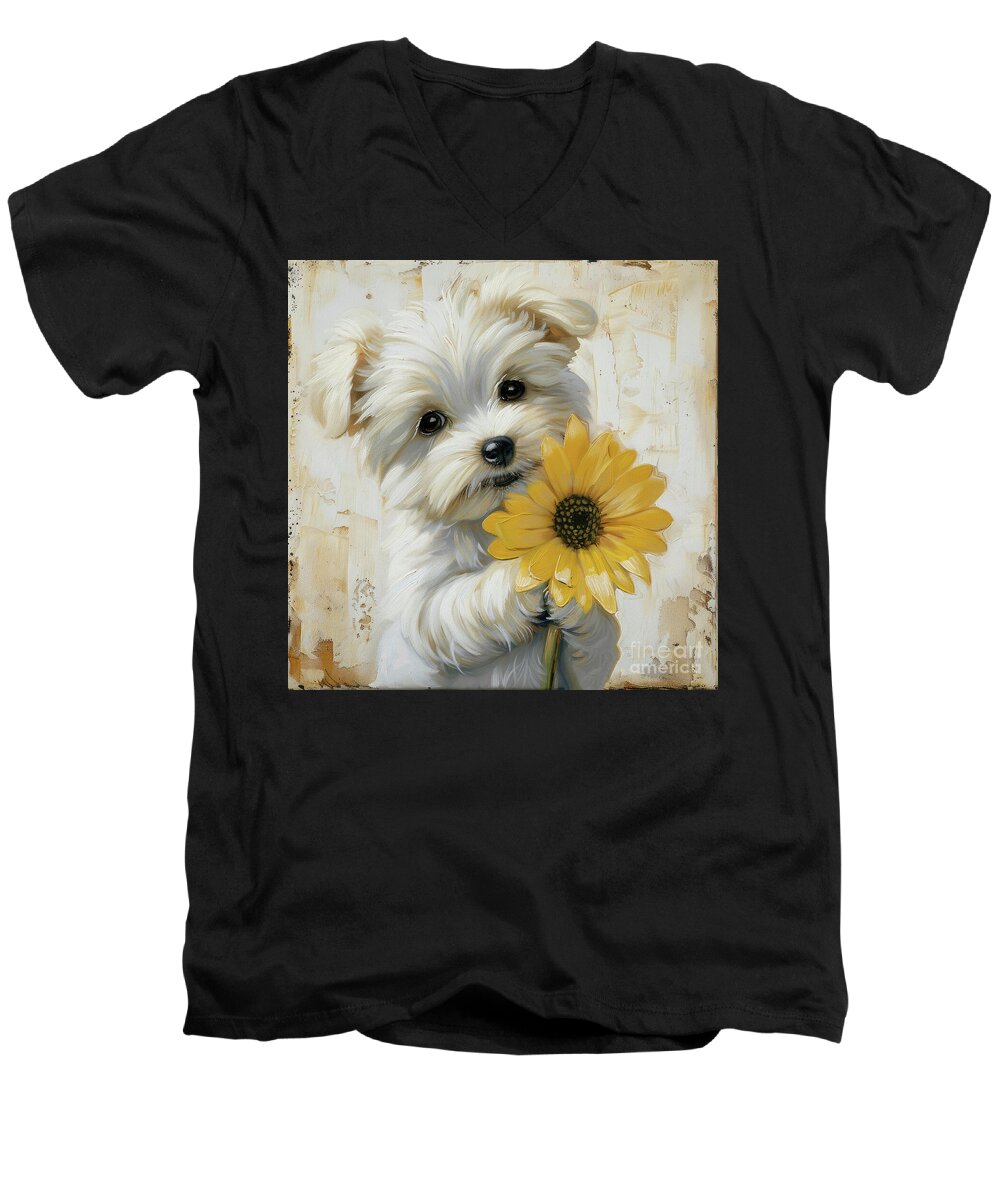 Dog Men's V-Neck T-Shirt featuring the painting Little Lucky by Tina LeCour