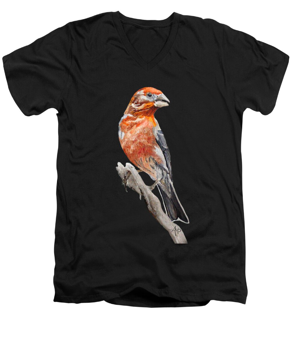 Finch Men's V-Neck T-Shirt featuring the painting Male House Finch I by Angeles M Pomata