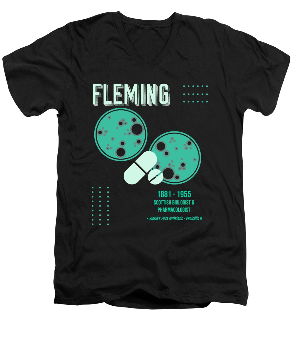 Fleming Men's V-Neck T-Shirt featuring the digital art Minimal Science Posters - Alexander Fleming 01 - Biologist, Pharmacologist by Studio Grafiikka