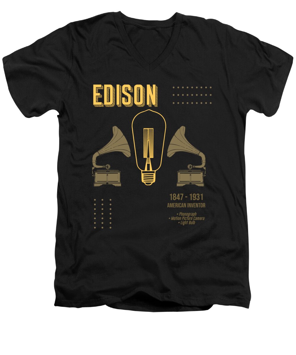 Edison Men's V-Neck T-Shirt featuring the digital art Minimal Science Posters - Thomas Alva Edison 01 - Inventor by Studio Grafiikka