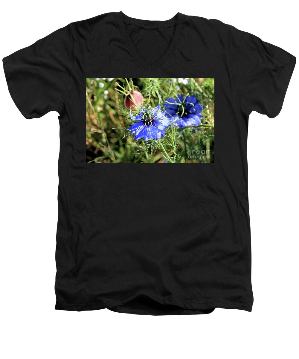 Flower Men's V-Neck T-Shirt featuring the photograph Miss Jekyll aka Love In The Mist Flower by Vivian Krug Cotton