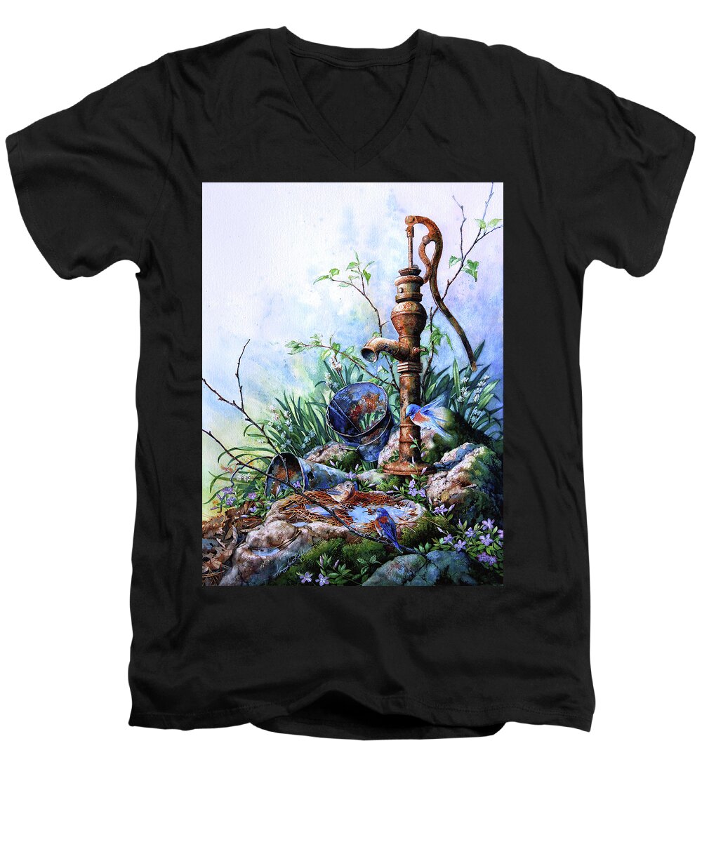 Misty Men's V-Neck T-Shirt featuring the painting Morning Shower by Hanne Lore Koehler