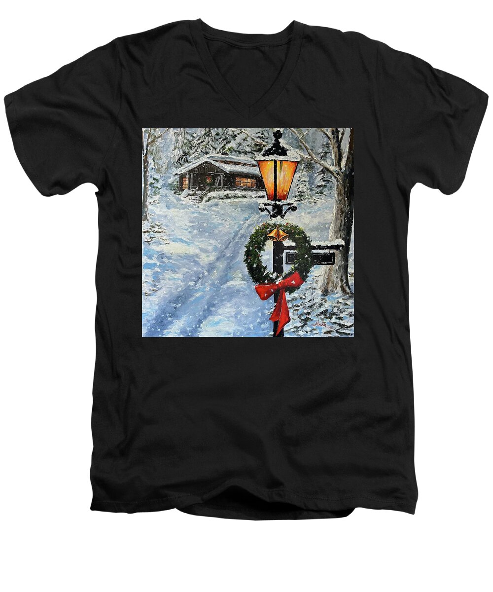Christmas Men's V-Neck T-Shirt featuring the painting Noel by Alan Lakin
