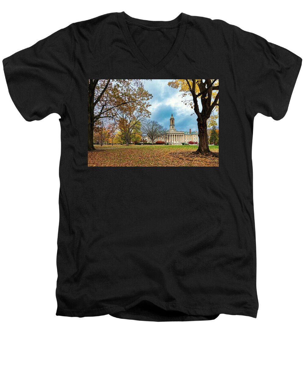 Old Main Men's V-Neck T-Shirt featuring the photograph Old Main in Fall by Jon Worthington
