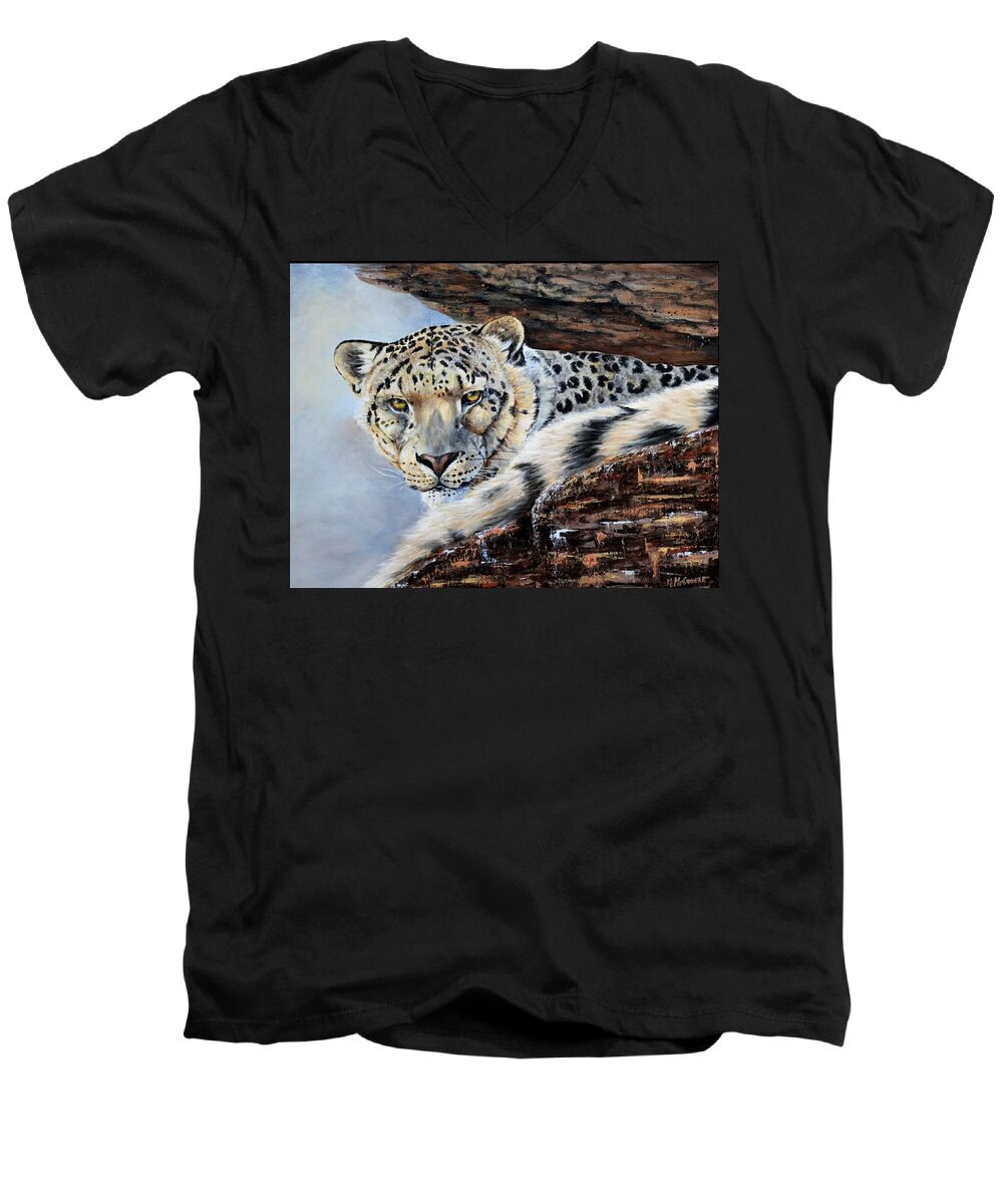 Leopard Men's V-Neck T-Shirt featuring the painting Out on a Ledge by Mary McCullah