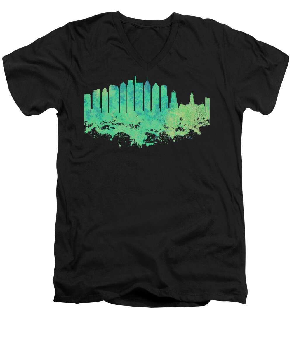 Philadelphia Men's V-Neck T-Shirt featuring the digital art Philadelphia Skyline - Mint Green Watercolor Black Background by SP JE Art