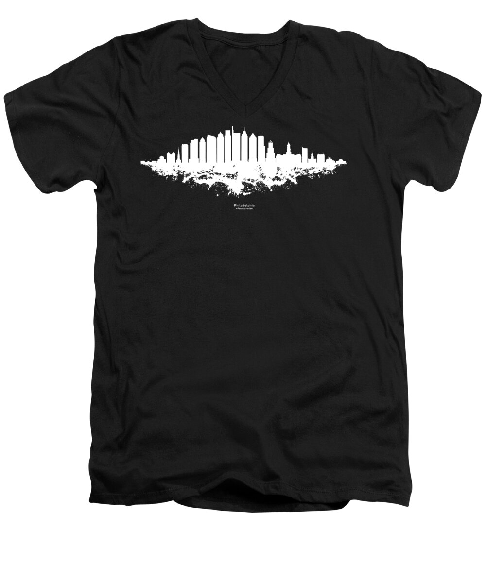 Philadelphia Men's V-Neck T-Shirt featuring the digital art Philadelphia Skyline - White Watercolor on Black Background with Caption by SP JE Art