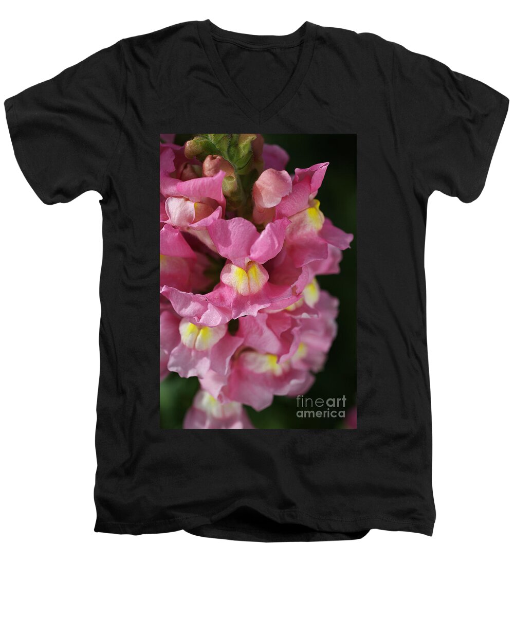 Antirrhinum Men's V-Neck T-Shirt featuring the photograph Pink Snapdragon Flowers by Joy Watson
