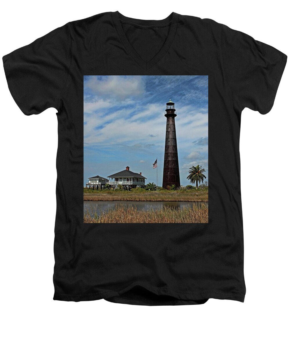 Galveston Men's V-Neck T-Shirt featuring the photograph Port Bolivar Lighthouse by Judy Vincent
