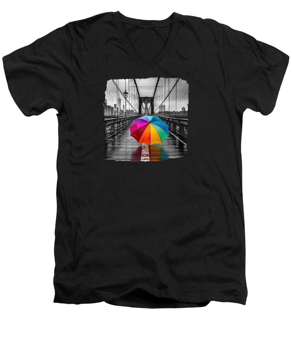 Umbrella Men's V-Neck T-Shirt featuring the digital art Rainbow Umbrella on Brooklyn Bridge by Elisabeth Lucas