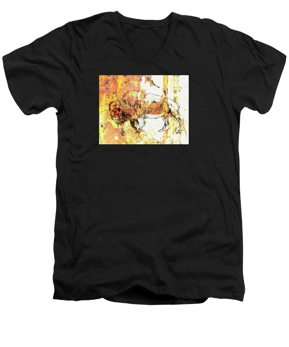Bison Men's V-Neck T-Shirt featuring the photograph Red Rock Bison by Larry Campbell