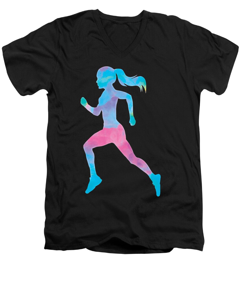 Runner Men's V-Neck T-Shirt featuring the digital art Runner, Marathon Runner, Runner shirts, Runner Gifts, Watercolors, Christmas Gift Ideas, by David Millenheft
