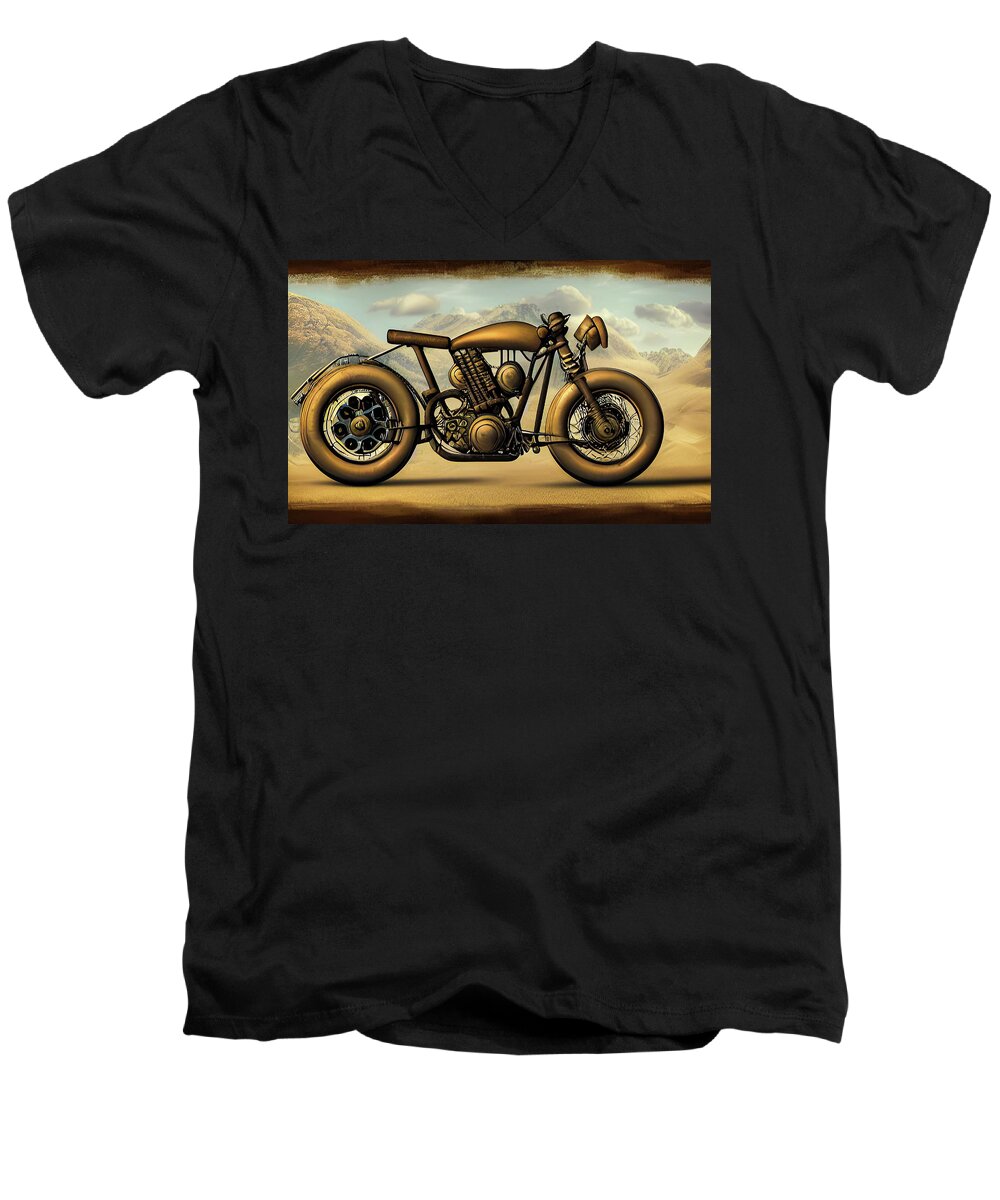 Steampunk Men's V-Neck T-Shirt featuring the digital art Steampunk Motorbike 01 by Matthias Hauser