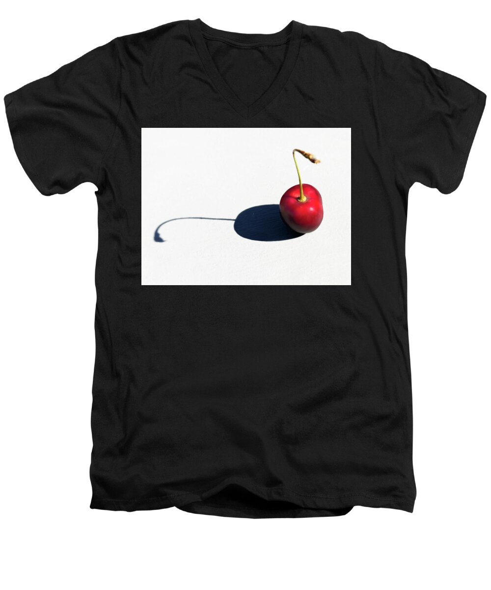 Cherry Men's V-Neck T-Shirt featuring the photograph Still Life Red Cherry With Shadow by Ann Powell