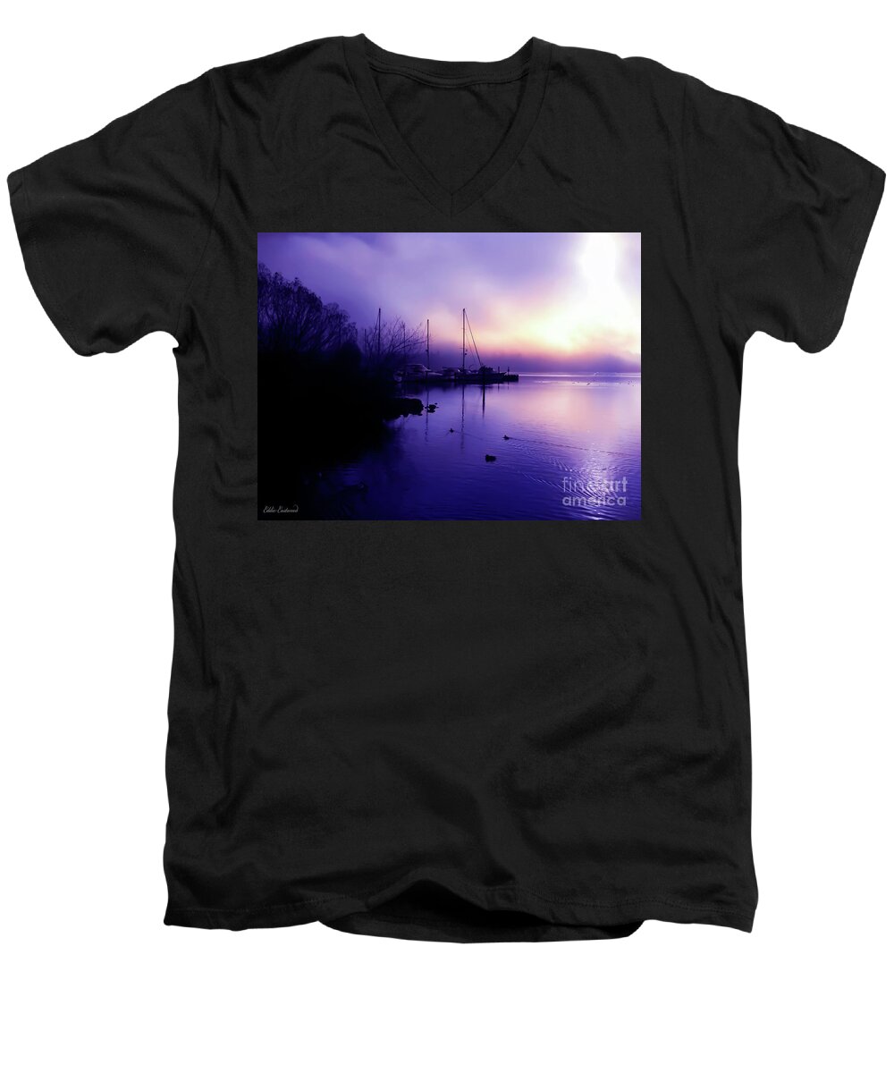 Tranquil Men's V-Neck T-Shirt featuring the digital art Sun and fog at Log Boom Park in Kenmore Washington by Eddie Eastwood