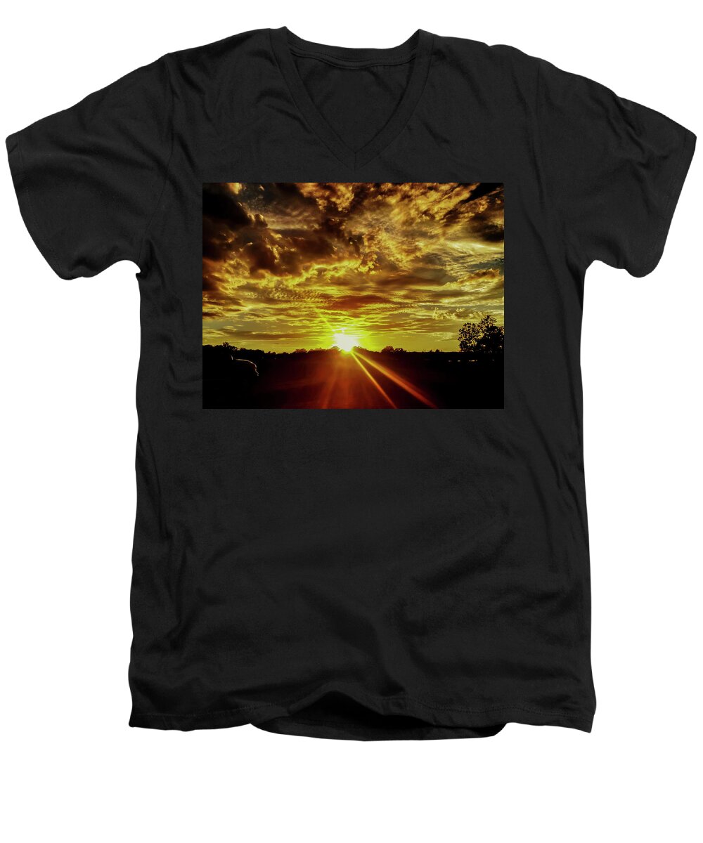 Sunset Men's V-Neck T-Shirt featuring the photograph Sunburst by Debra Martz
