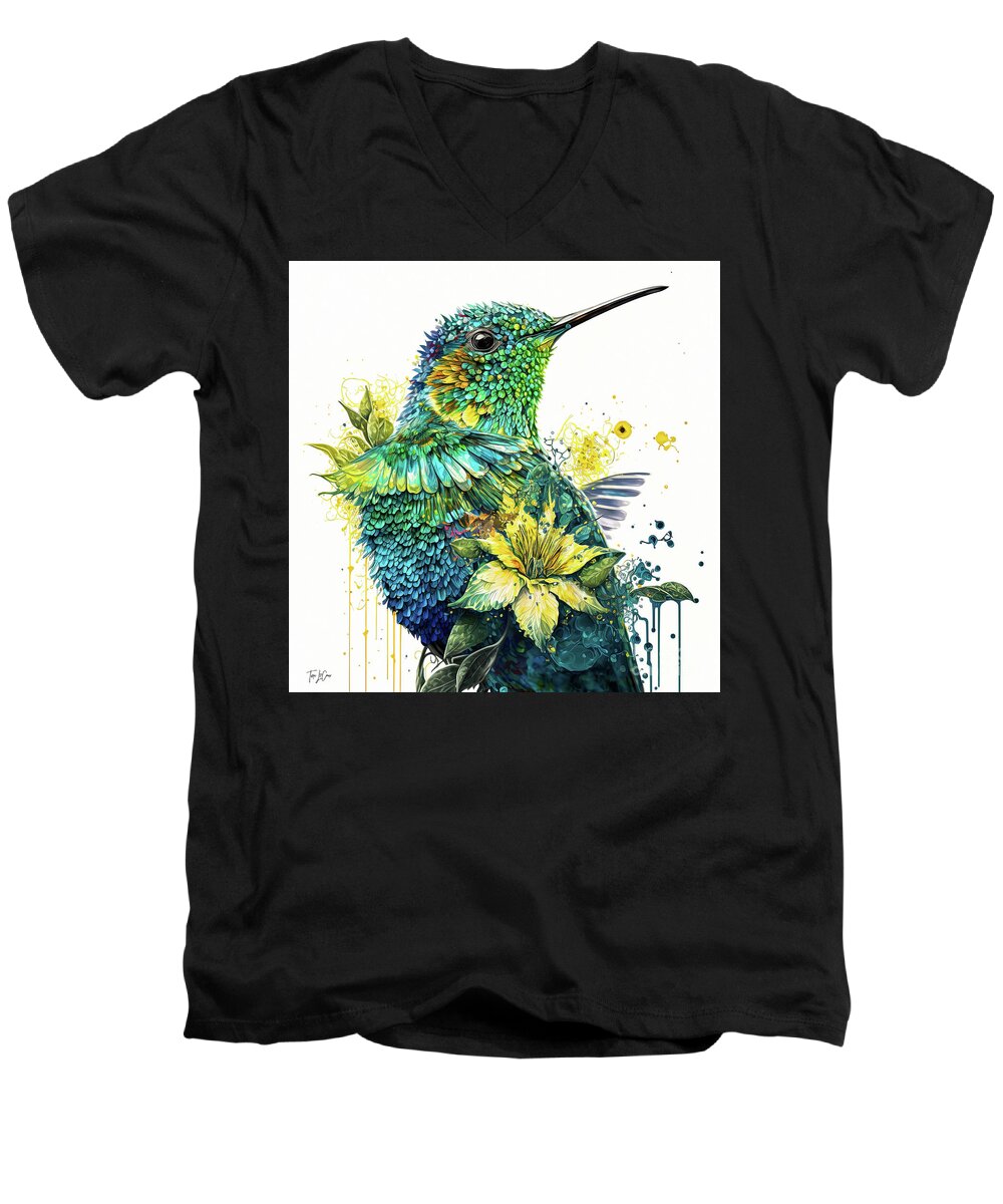 Hummingbird Men's V-Neck T-Shirt featuring the painting Sunflower Hummingbird by Tina LeCour