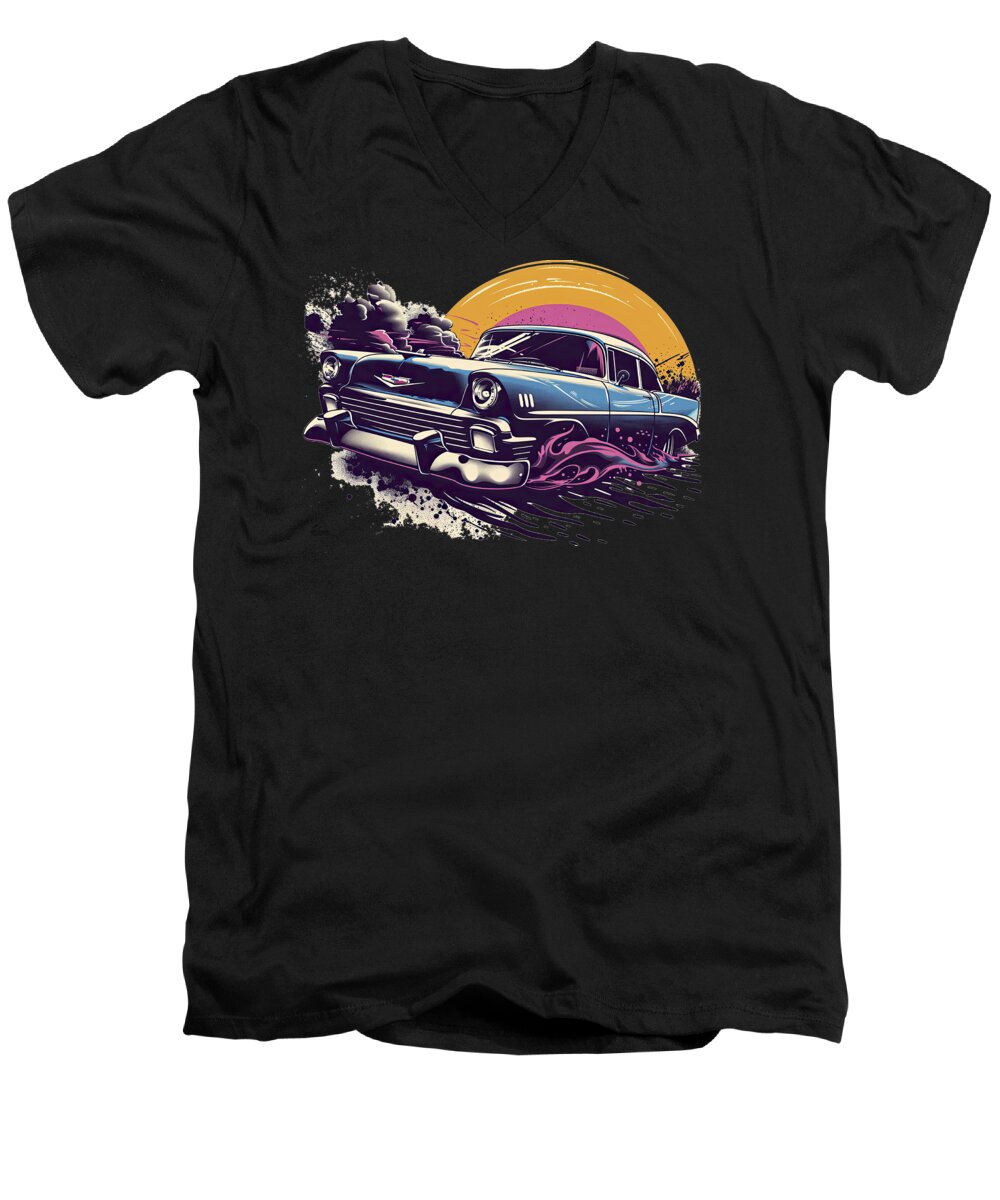 '55 Chevy Men's V-Neck T-Shirt featuring the digital art Sunset Cruiser - The 55 Chevy Legacy by Bill Posner