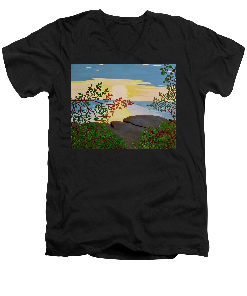 Sky Men's V-Neck T-Shirt featuring the painting Sunset in Jamaica by Stephanie Moore