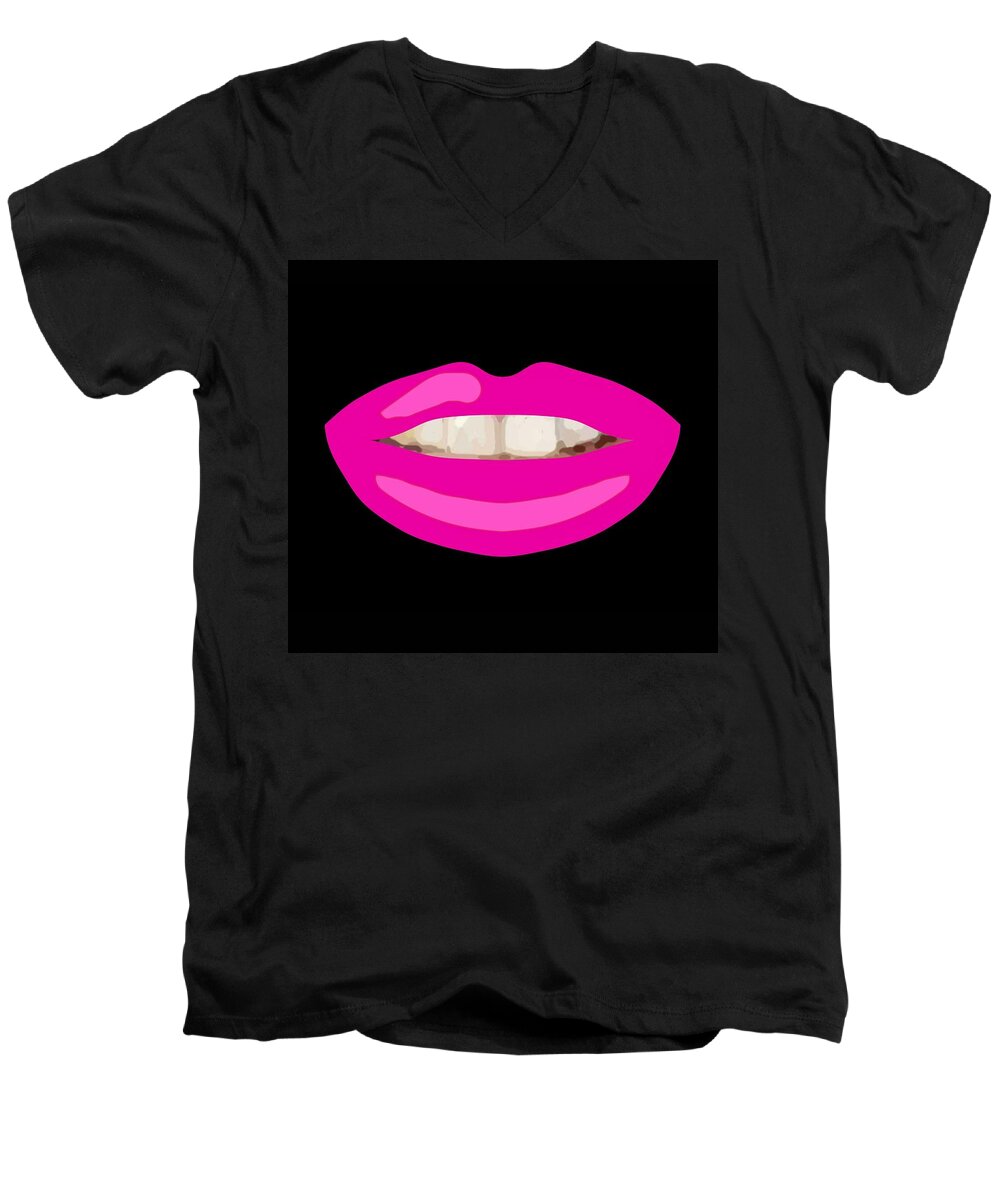 Lips Men's V-Neck T-Shirt featuring the drawing Teeth Smile Hot Pink Lips Black BG Novelty Face Mask by Joan Stratton
