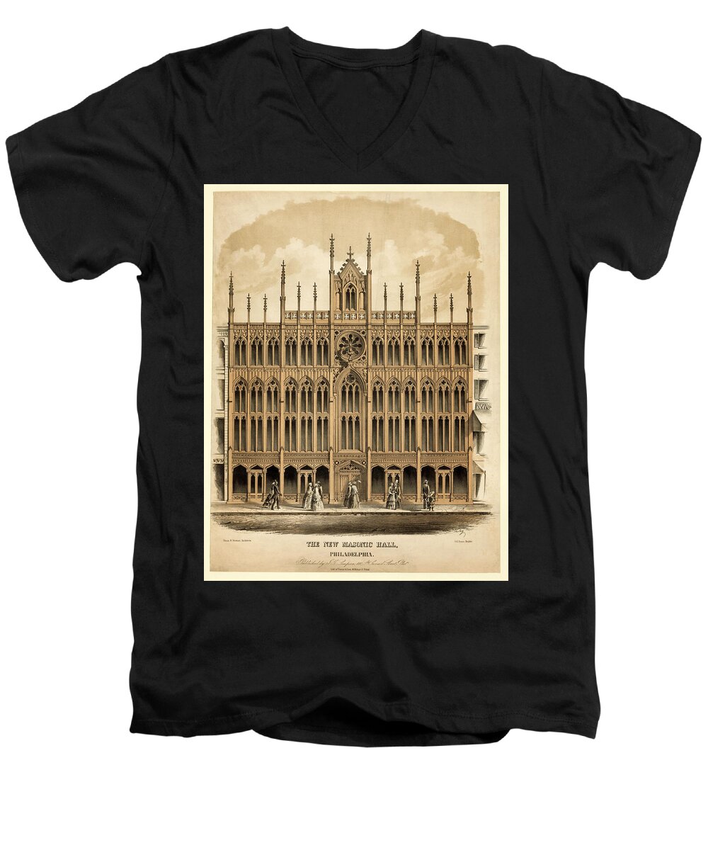 Architecture Men's V-Neck T-Shirt featuring the mixed media The New Masonic Hall, Philadelphia - 1855 by Charles P Tholey